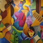 blue yellow and red abstract painting